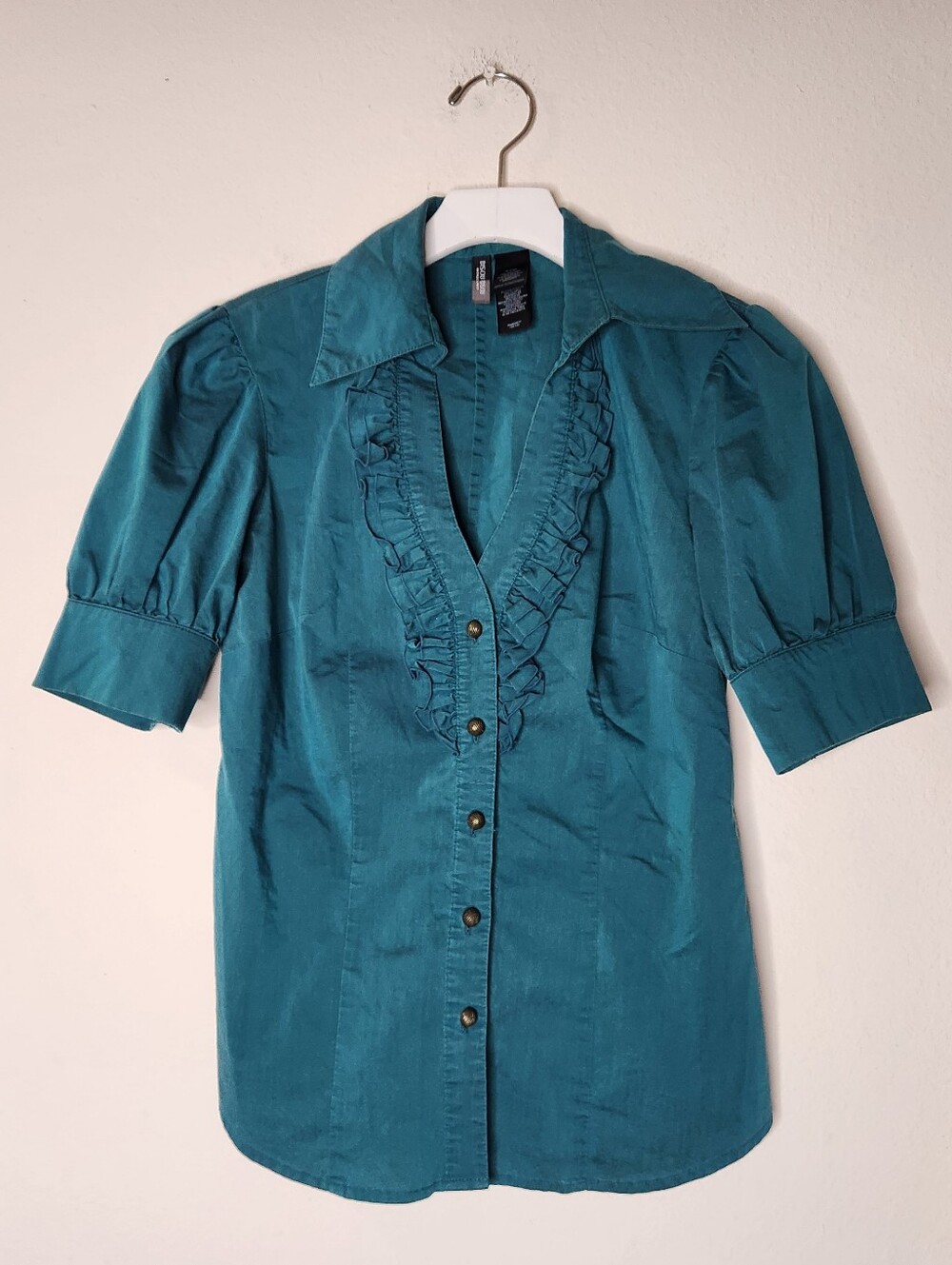 Bisou Womens Small Teal Button Down Career Blouse Ruffle V-neck Collared